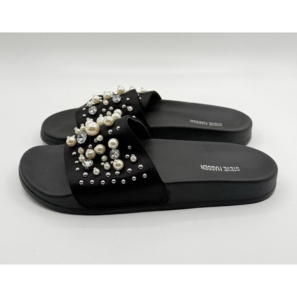 Steve Madden Women Slip-On Pearls Crystals Black satin Sandy Slide Size 9 - Picture 2 of 4